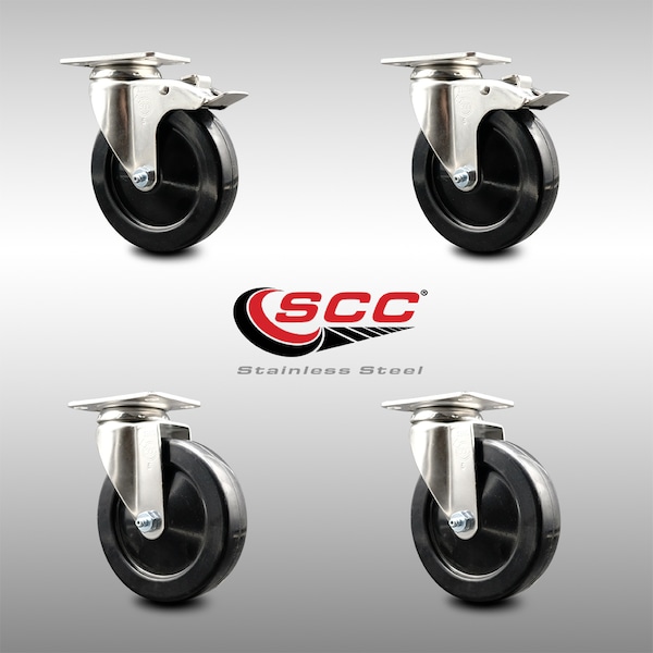 5 Inch 316SS Soft Rubber Wheel Swivel Top Plate Caster Lock Brakes SCC, 2PK